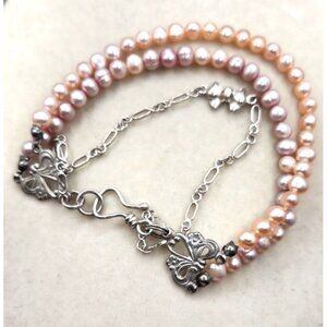 Triple Layer Pearl Bracelet With Bow Chain Fancy Hook Closure - Blush Pink